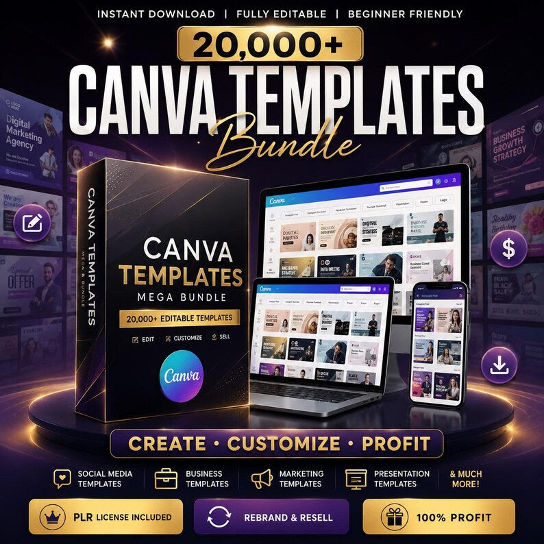 20,000+ Canva Templates Bundle with PLR MRR | Editable Social Media, Planners, Business & Branding Templates | Instant Download